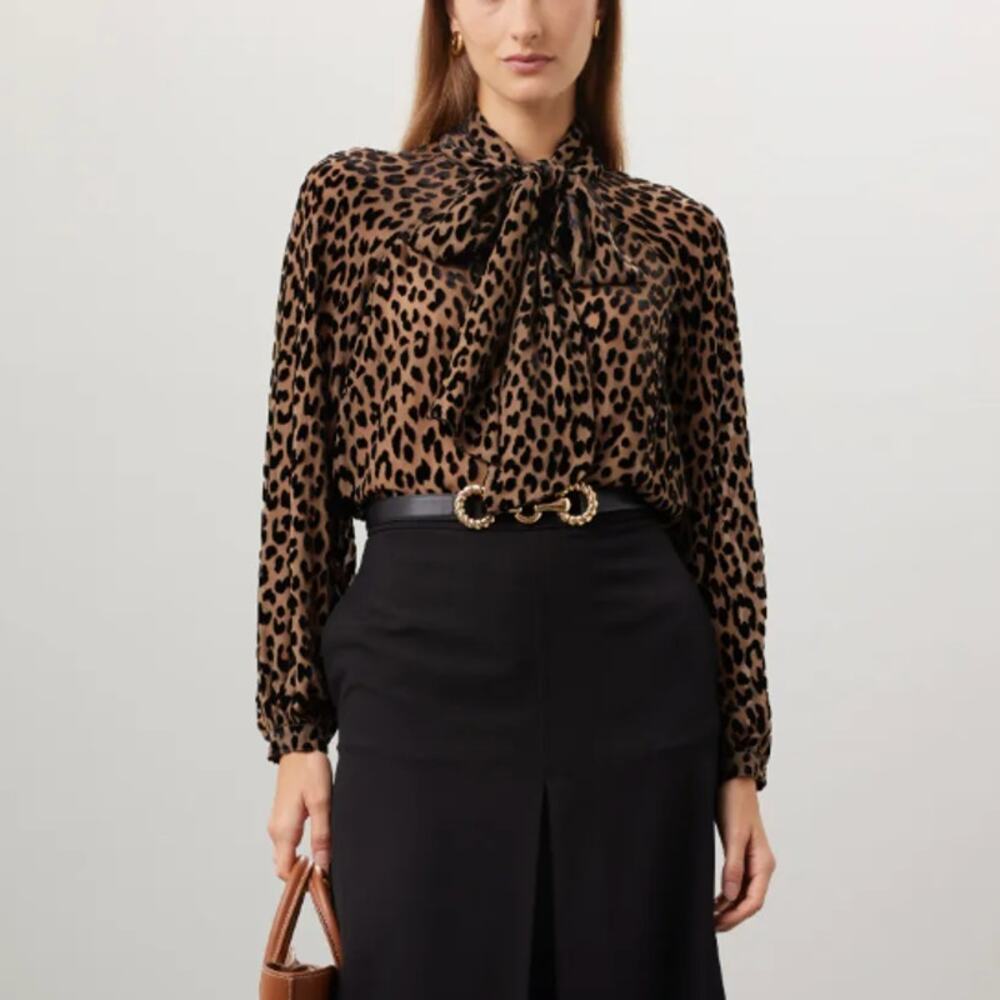 Kate Spade Brown Leopard Bow Blouse Top XS Career Designer Tie Neck Velvet $300